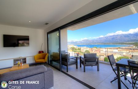 Ferienhaus Nr.64181 Calvi - Corse - G&icirc;te &agrave; Calvi, La Balagne, Haute-Corse, labellis&eacute; G&icirc;tes de France : G&icirc;te &agrave; Calvi, La Balagne, Haute-Corse, labellis&eacute; G&icirc;tes de France : le s&eacute;jour/cuisine avec vue mer et montagnes
